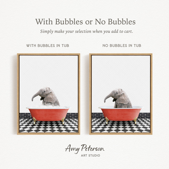 The image is a collage of two framed pictures, each depicting an elephant sitting in a bathtub. The elephants are of different sizes, with one being larger and the other smaller. The bathtubs are red and have gold legs. The background of the images is a black and white checkered floor.