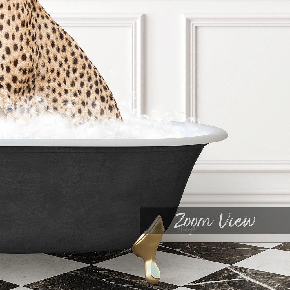 A leopard-print bathtub filled with water and bubbles, with a gold bathtub leg visible.