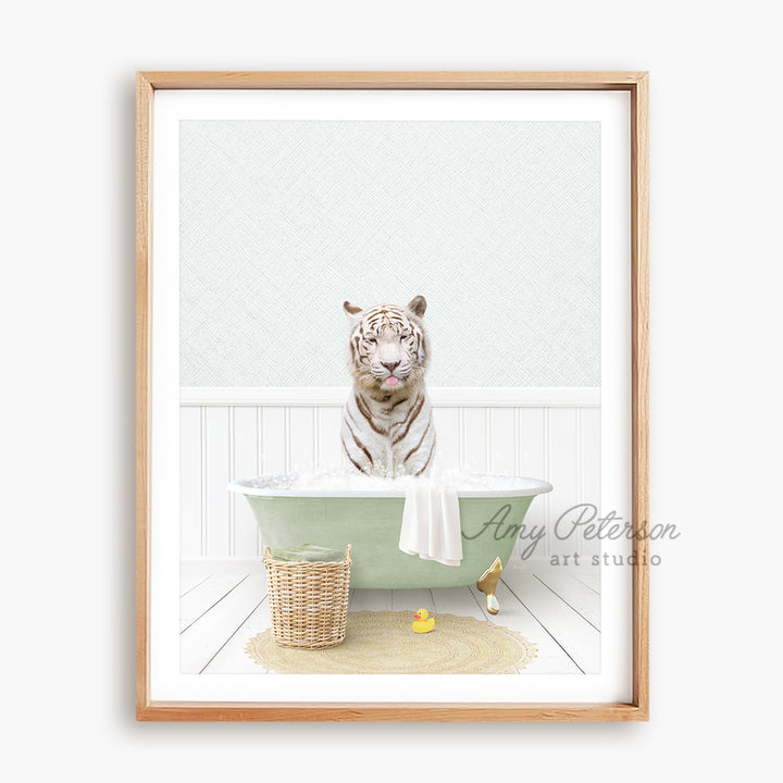 a picture of a tiger sitting in a bathtub