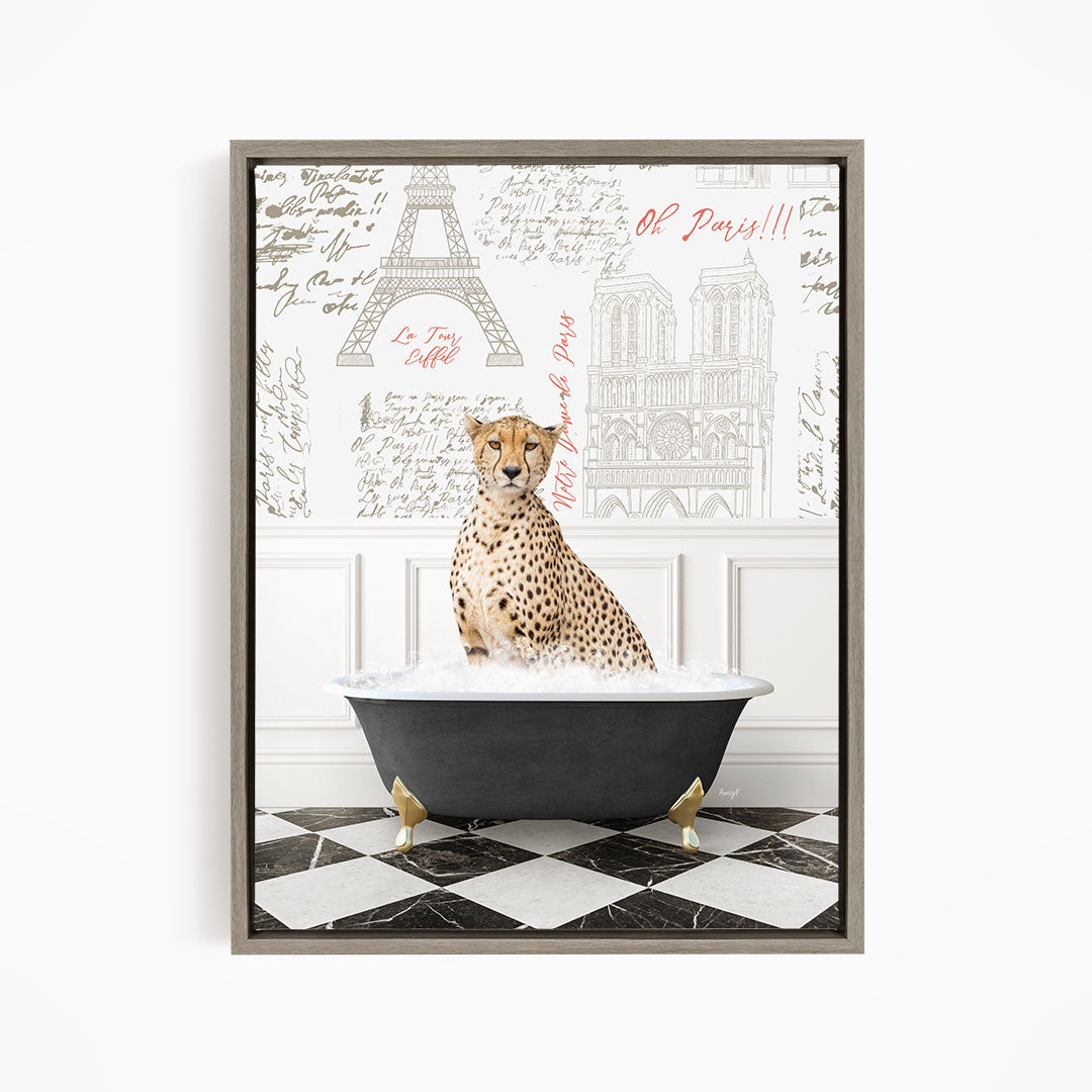 A cheetah sitting in a bathtub filled with water, surrounded by a Paris-themed background with the Eiffel Tower and other landmarks.