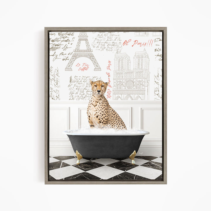 A cheetah sitting in a bathtub filled with water, surrounded by a Paris-themed background with the Eiffel Tower and other landmarks.