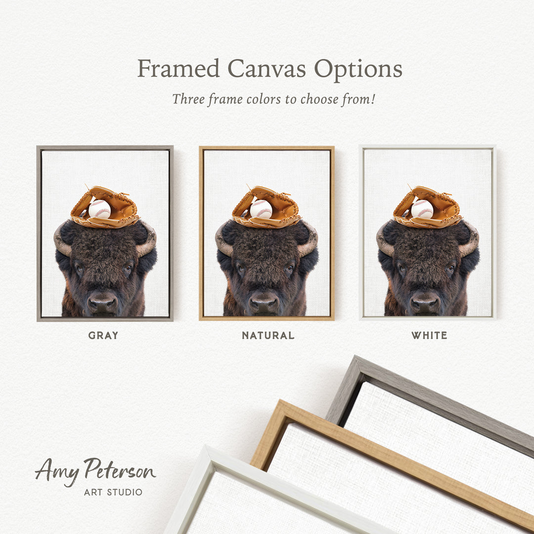 three framed canvas options, each featuring a buffalo head with a baseball cap and glove on top. The options include a gray frame, a natural frame, and a white frame.