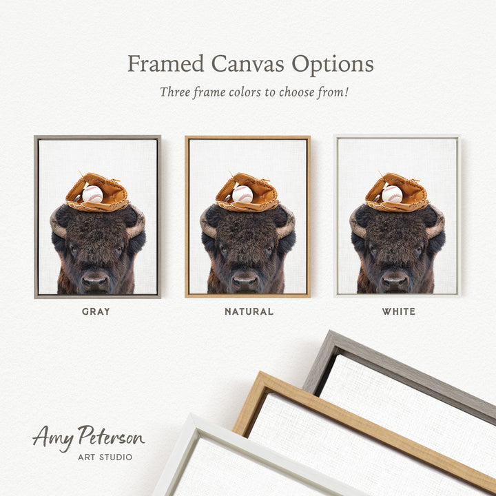 three framed canvas options, each featuring a buffalo head with a baseball cap and glove on top. The options include a gray frame, a natural frame, and a white frame.