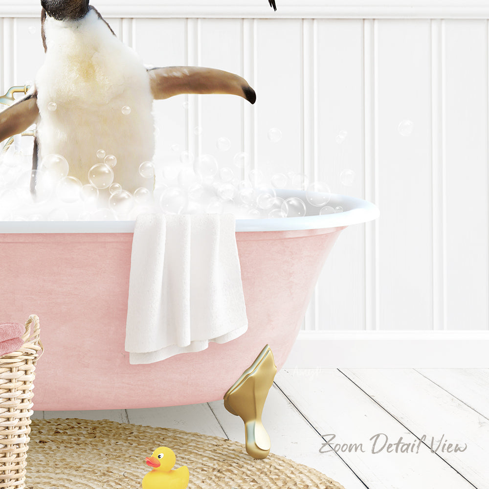 A pink bathtub filled with bubbles, with a penguin standing inside and enjoying the bath.
