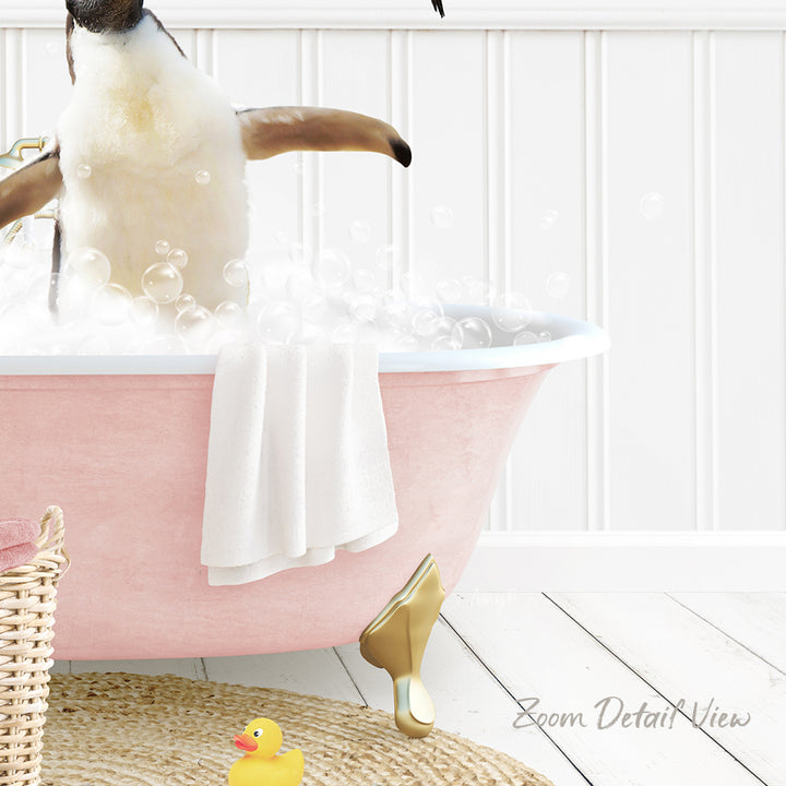A pink bathtub filled with bubbles, with a penguin standing inside and enjoying the bath.
