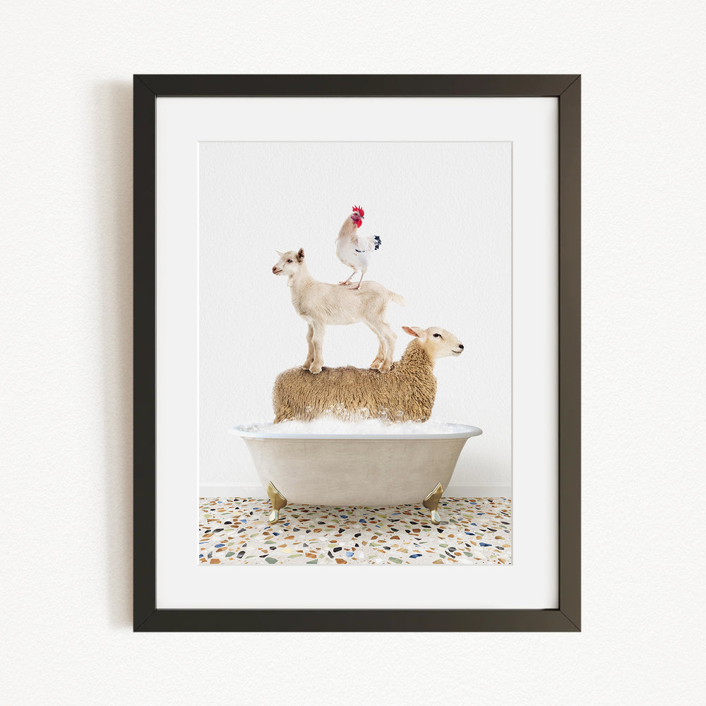 A framed image depicting a goat standing on a sheep's back while a rooster stands on top of the sheep, all in a bathtub.