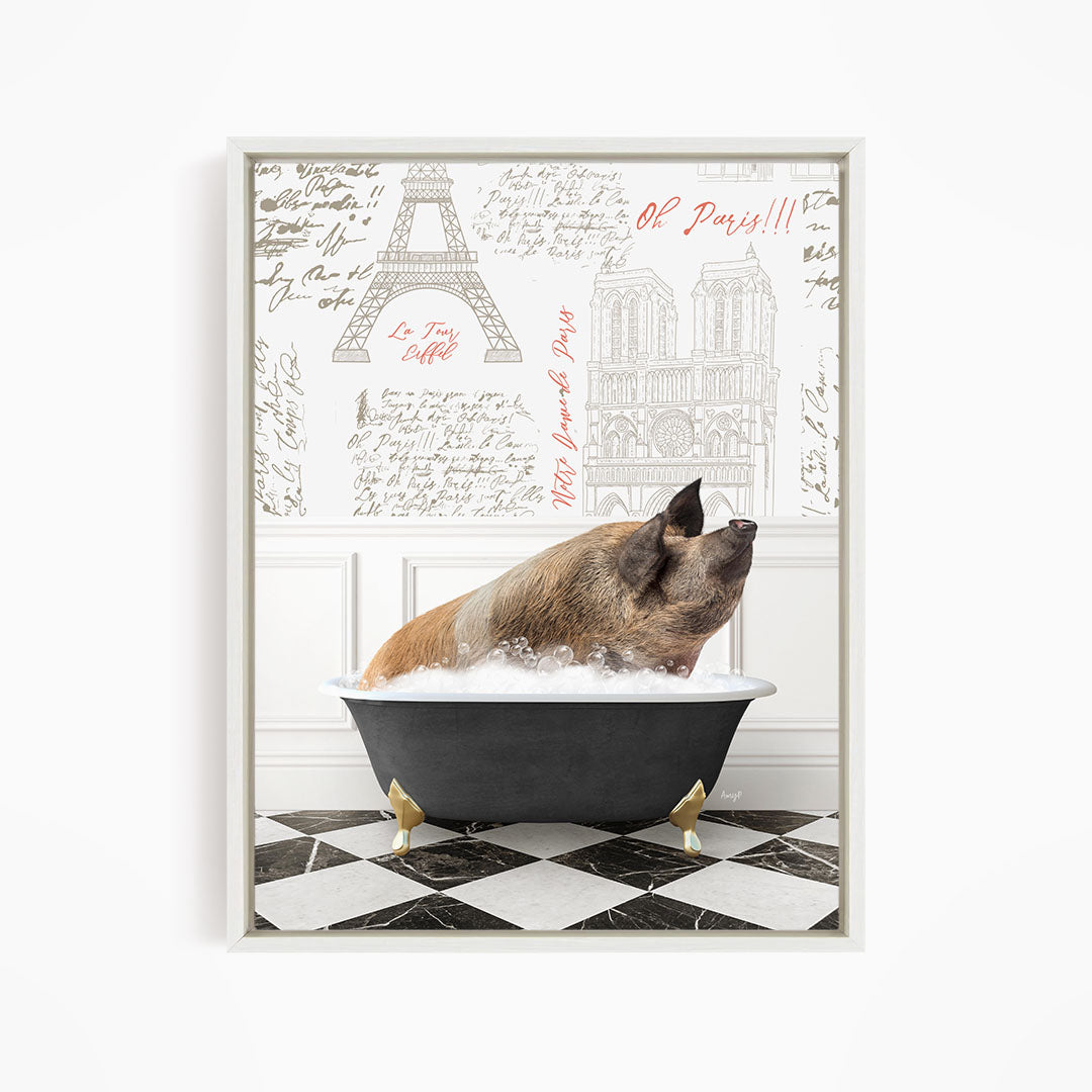 A pig sitting in a bathtub filled with water, surrounded by various Paris-themed elements such as the Eiffel Tower and other landmarks.