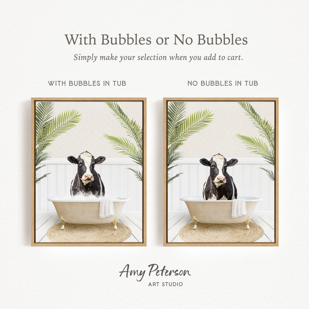The image is a collage of two framed pictures, each featuring a cow sitting in a bathtub. The cow in the bathtub has bubbles, while the other cow does not have bubbles. The collage is titled "With Bubbles or No Bubbles" and is created by Amy Peterson from Art Studio.