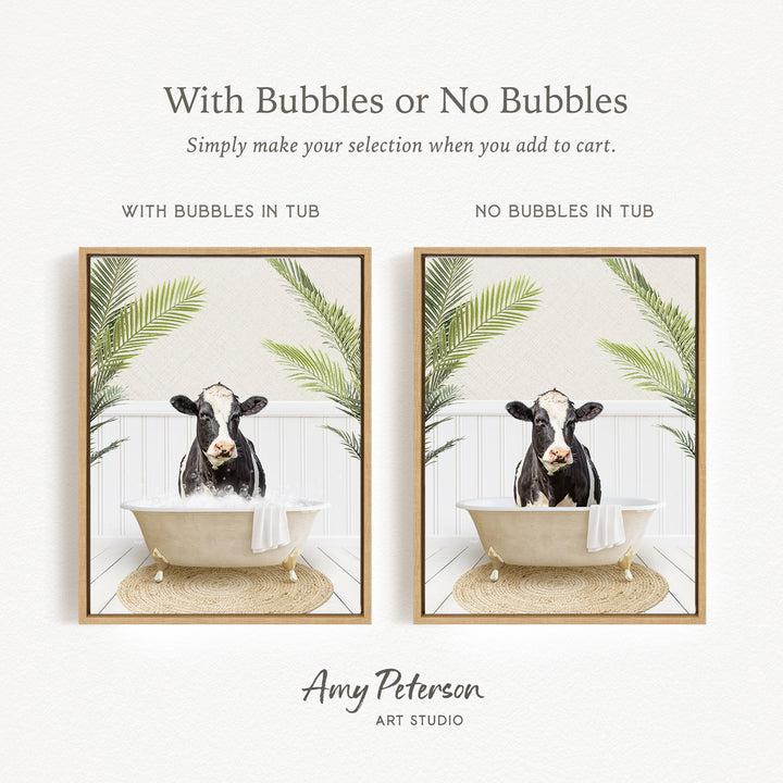The image is a collage of two framed pictures, each featuring a cow sitting in a bathtub. The cow in the bathtub has bubbles, while the other cow does not have bubbles. The collage is titled "With Bubbles or No Bubbles" and is created by Amy Peterson from Art Studio.