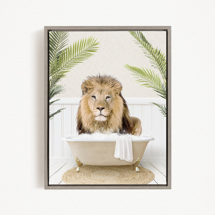 A lion sitting in a bathtub filled with water, surrounded by palm leaves.