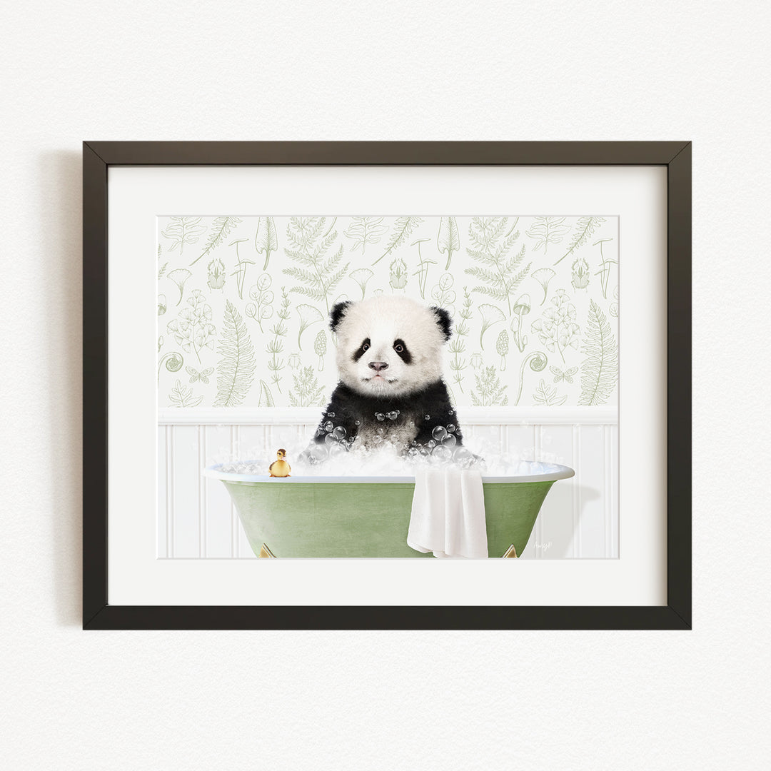 A panda bear sitting in a green bathtub filled with bubbles, surrounded by a floral patterned wall.