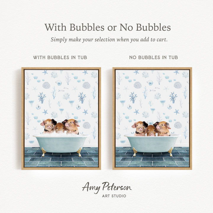 The image is a collage of two framed pictures, each depicting a group of small animals, likely hamsters, sitting in a bathtub. The text above the images reads "With Bubbles or No Bubbles" and below the images, it says "Simply make your selection when you add to cart."