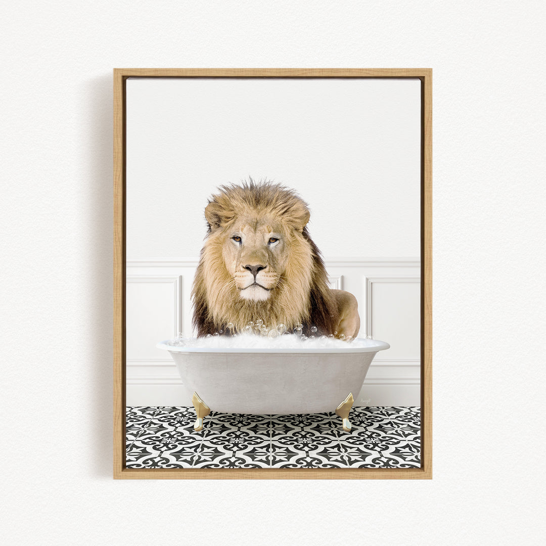 A lion sitting in a bathtub filled with water, surrounded by a black and white patterned floor.