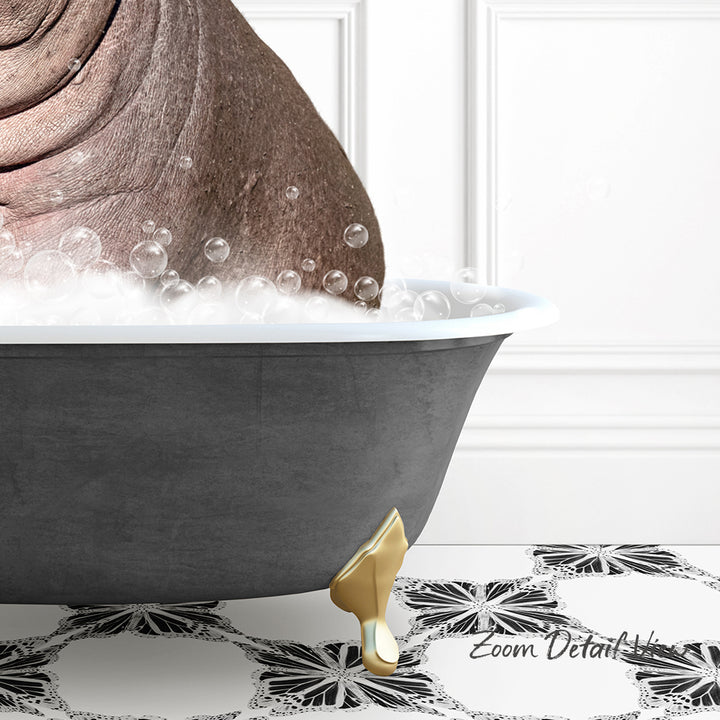 A bathtub filled with bubbles, with a gold claw-like object resting on the edge, set against a white wall with a floral pattern on the floor.