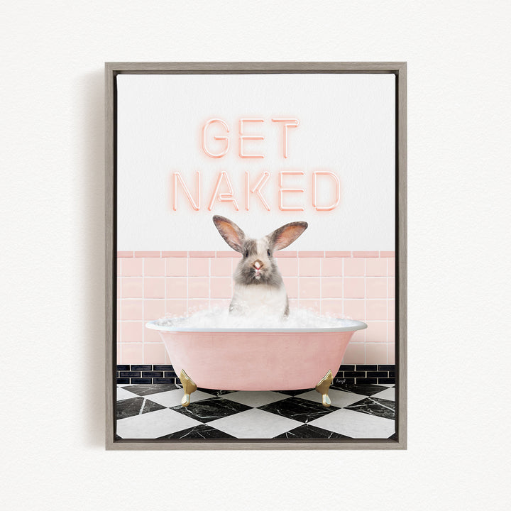 A cute rabbit sitting in a pink bathtub with the text "GET NAKED" displayed above it.