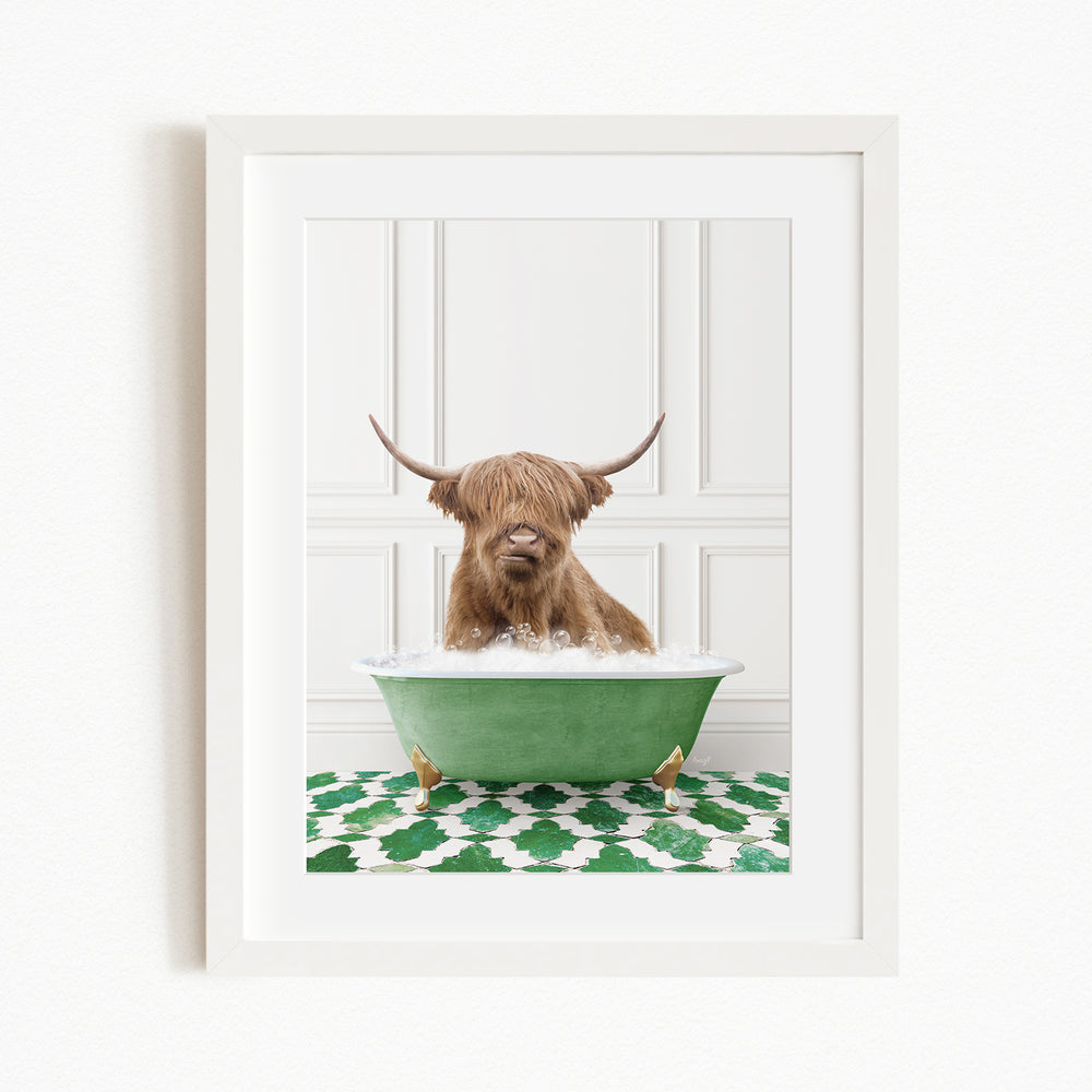 A brown cow with long horns is sitting in a green bathtub filled with water, creating a whimsical and amusing scene.