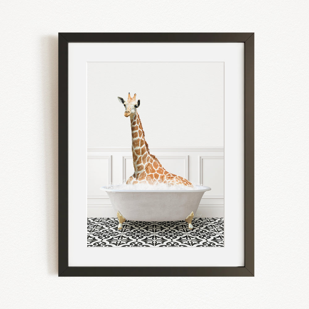 A giraffe sitting in a white bathtub filled with bubbles, creating a whimsical and playful scene.