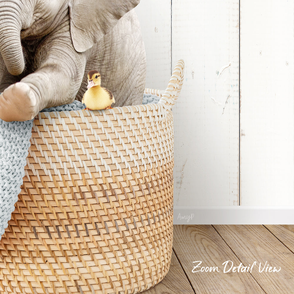 A small yellow duck sits in a woven basket, with a larger elephant trunk visible in the background.