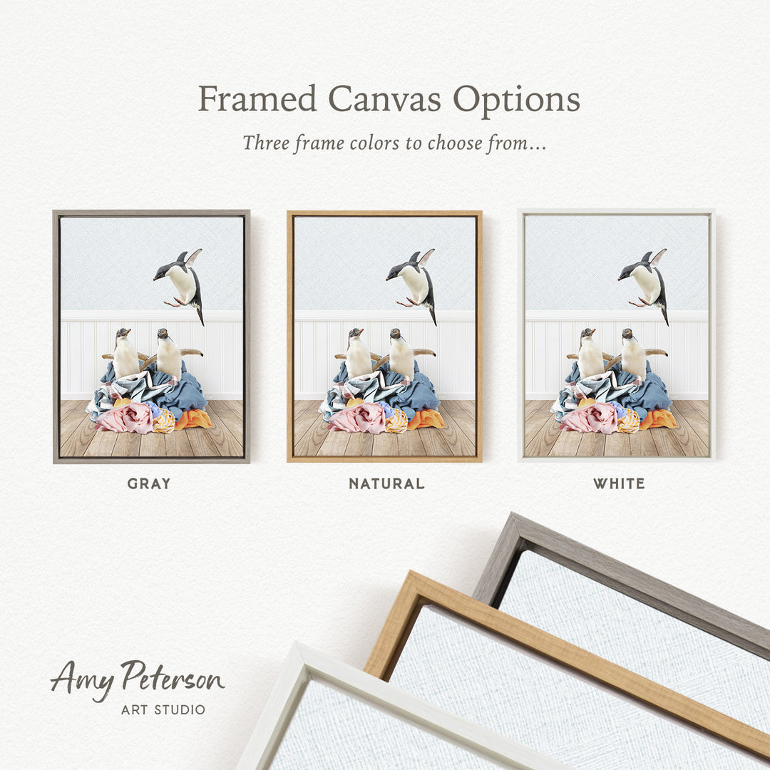 three framed canvas options, each with a different color: gray, natural, and white. The text above the images reads " framed Canvas Options" and "Three frame colors to choose from...". The text below the images reads " Amy Peterson ART STUDIO".