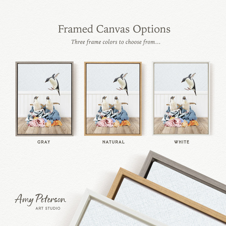 three framed canvas options, each with a different color: gray, natural, and white. The text above the images reads " framed Canvas Options" and "Three frame colors to choose from...". The text below the images reads " Amy Peterson ART STUDIO".