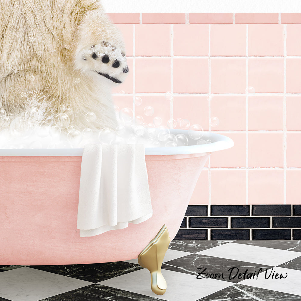 A polar bear is standing in a pink bathtub filled with bubbles, with a towel hanging on the side and a pink tile wall in the background.