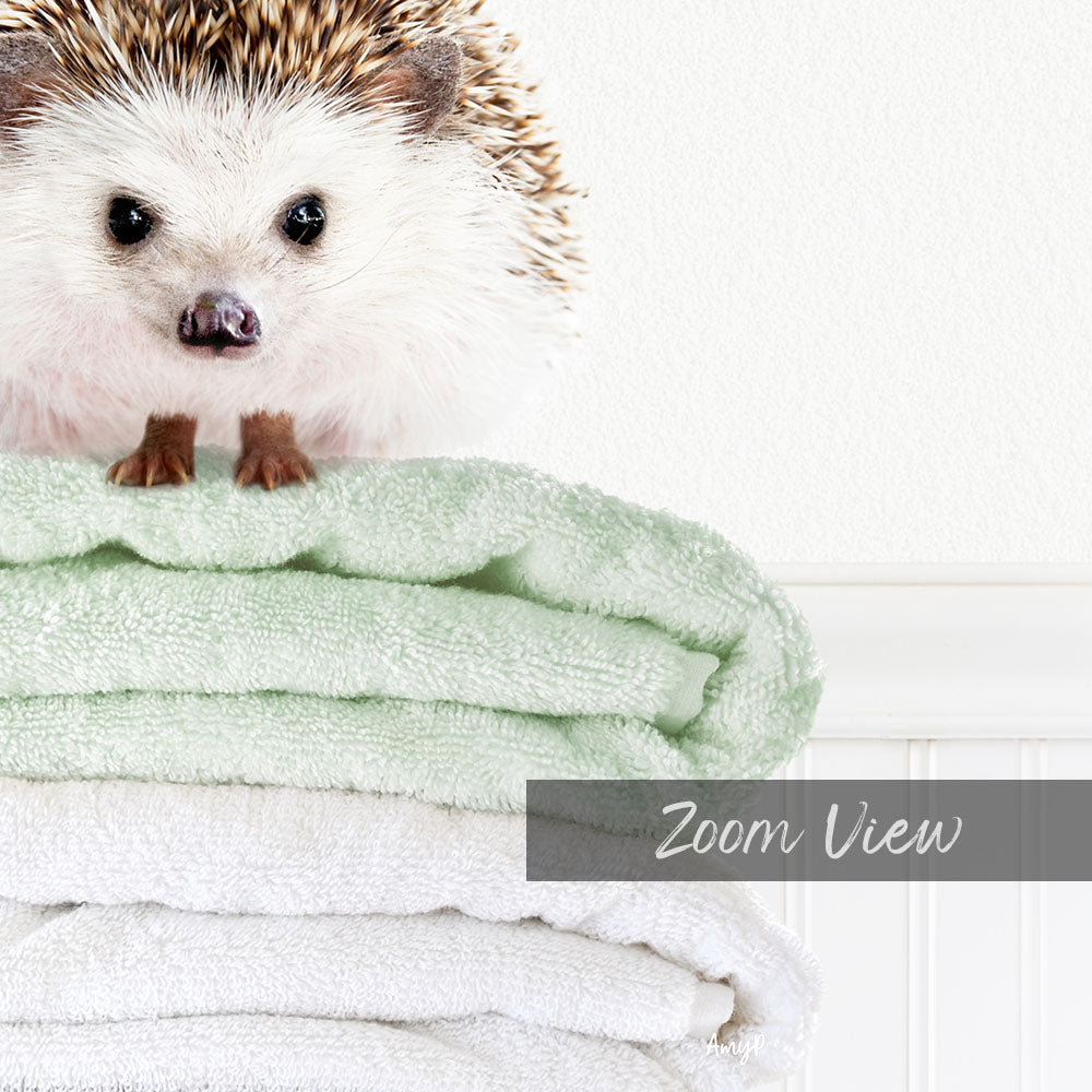 A hedgehog is sitting on top of a stack of green towels, with a white wall in the background.
