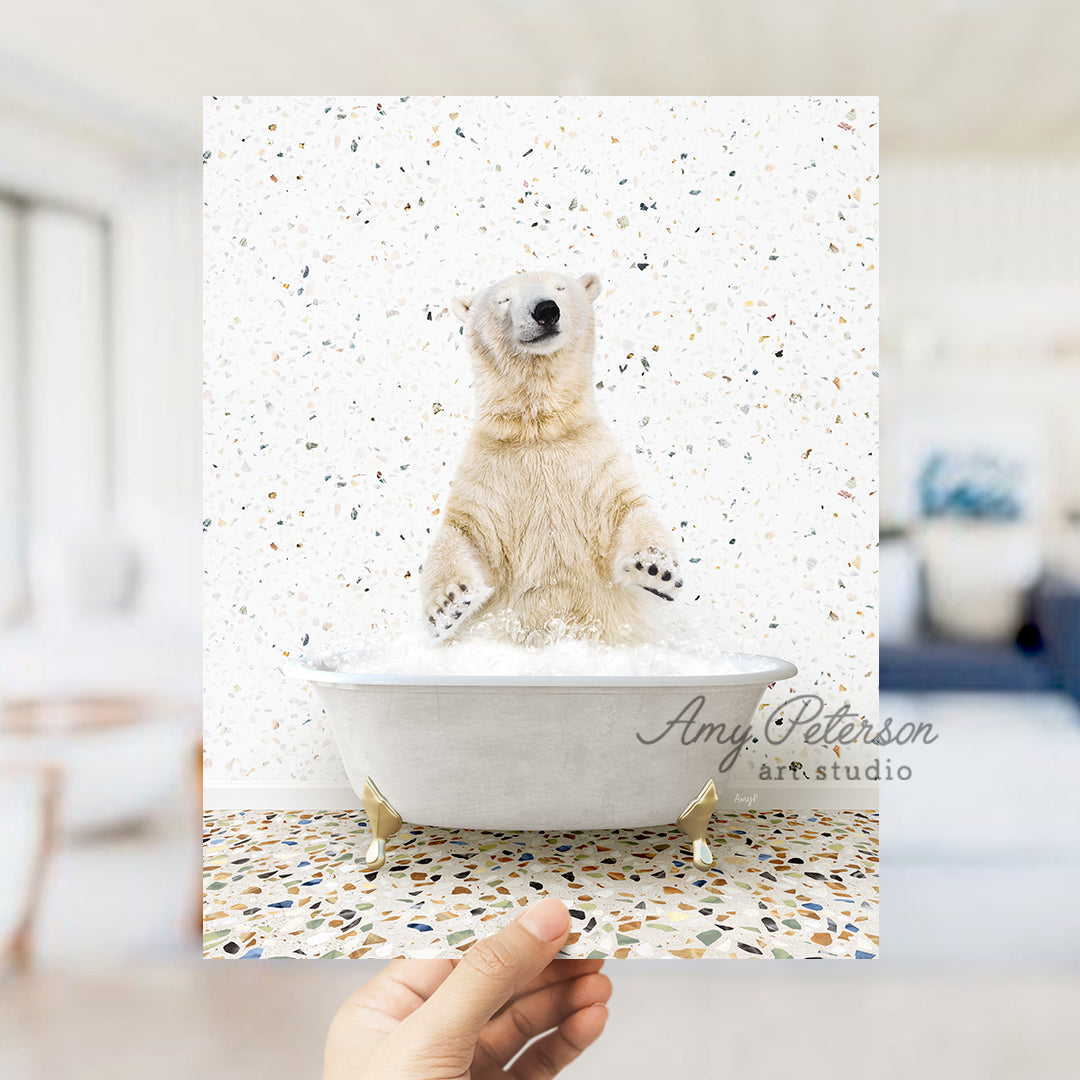 a polar bear sitting in a bath tub