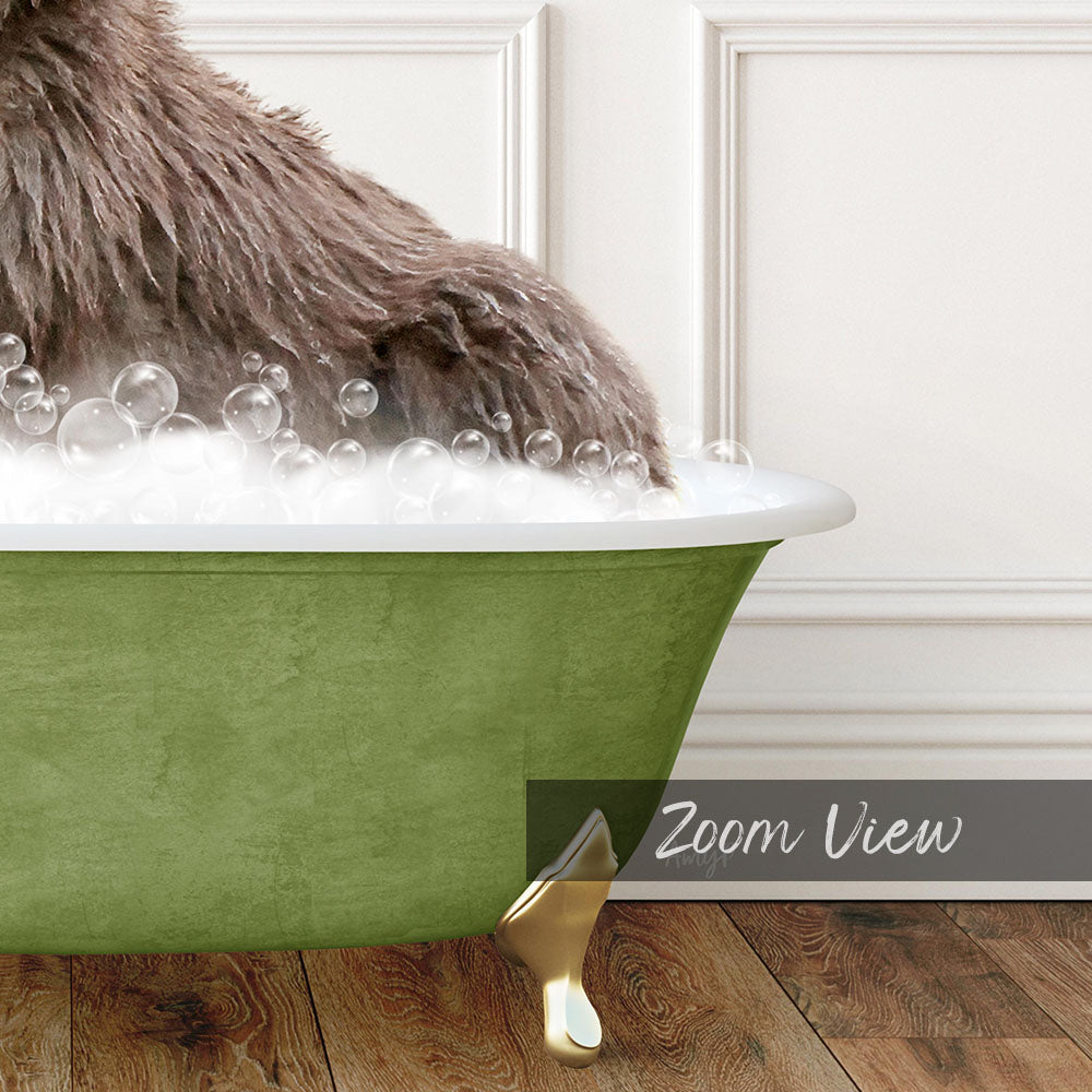 A fluffy brown dog is sitting in a green bathtub filled with bubbles, with a white wall in the background.