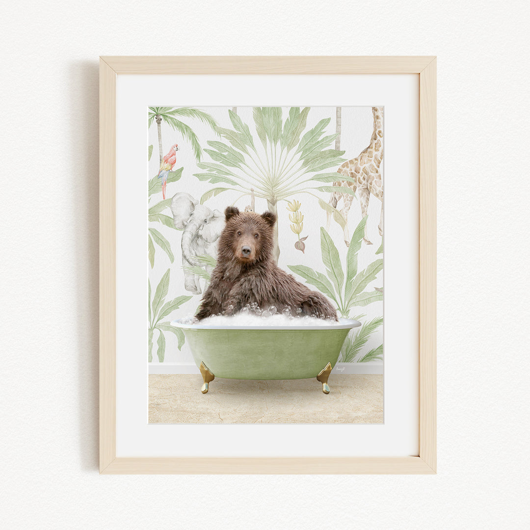 A brown bear is sitting in a green bathtub, surrounded by a tropical wallpaper with various animals such as a giraffe and an elephant.