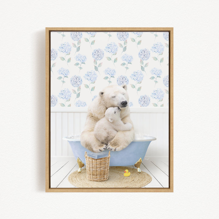 A mother polar bear and her cub sitting together in a bathtub, surrounded by a floral patterned wall and a basket of toys.