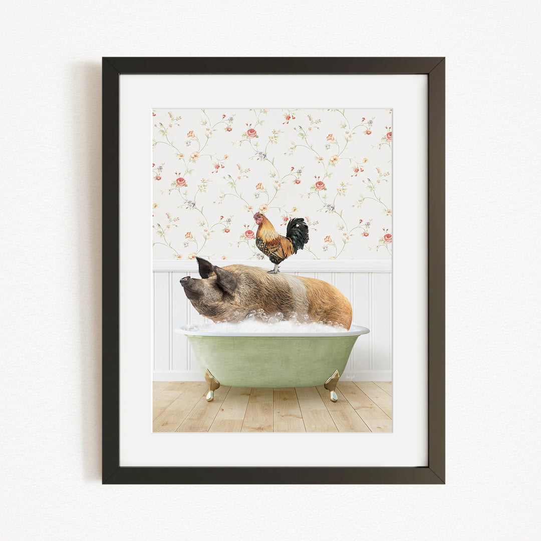 A rooster sits atop a pig in a green bathtub, with a floral wallpaper in the background.