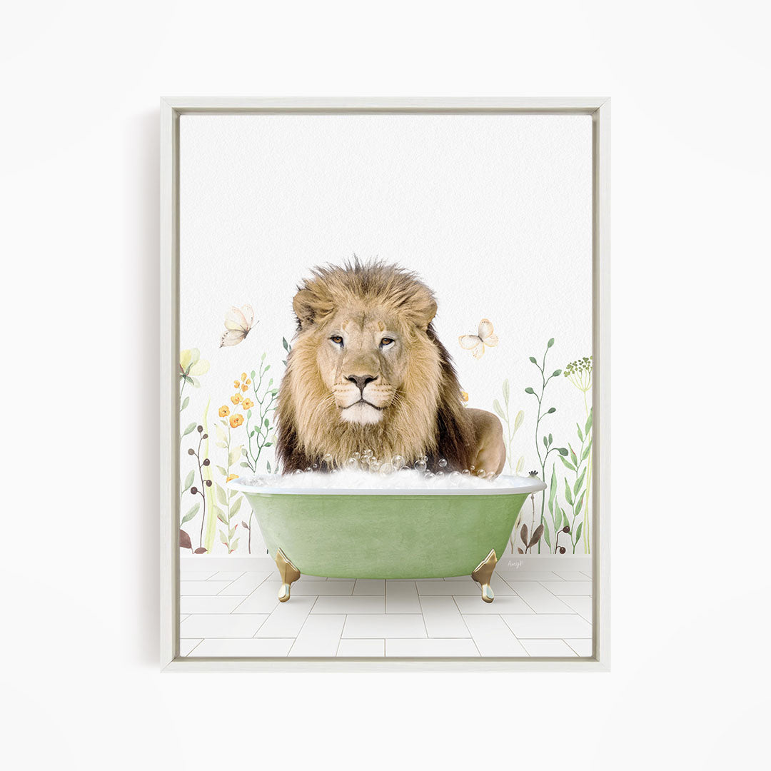 A lion is sitting in a green bathtub filled with water, surrounded by flowers and butterflies.