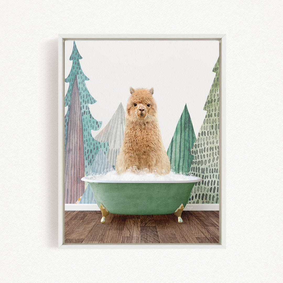 A fluffy brown dog is sitting in a green bathtub filled with water, surrounded by a forest-themed background with trees and snow.
