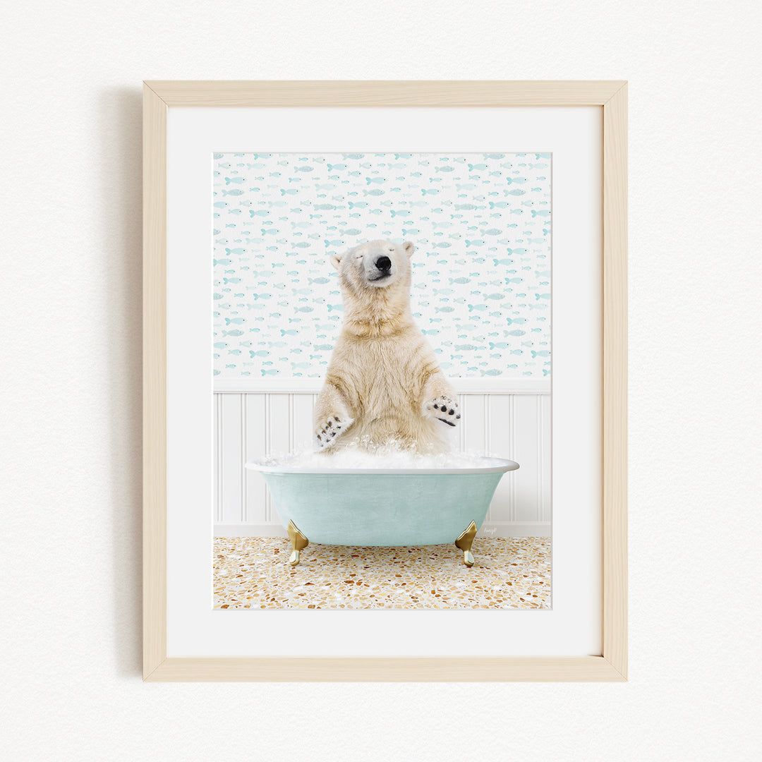 A polar bear standing in a bathtub filled with water, surrounded by a patterned wall.