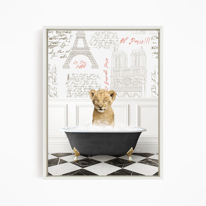A young lion cub sitting in a bathtub filled with water, surrounded by a Paris-themed background with the Eiffel Tower and other landmarks.