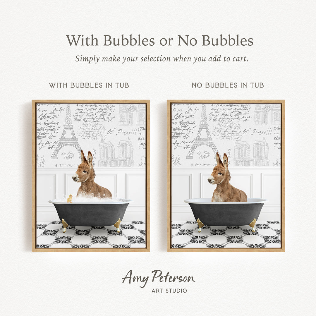 The image is a collage of two pictures, each featuring a donkey sitting in a bathtub. The donkey is sitting in a tub with bubbles, while the other tub is empty. The collage is titled "With Bubbles or No Bubbles" and is created by Amy Peterson from Art Studio.