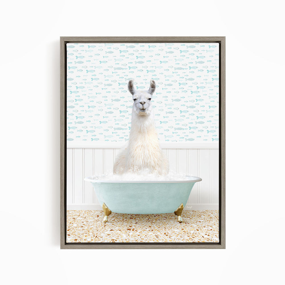 A white llama sitting in a light blue bathtub filled with water, surrounded by a pattern of small fish.
