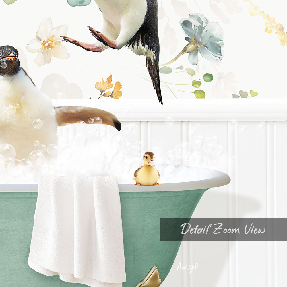 A baby duck sitting in a bathtub filled with bubbles, surrounded by a colorful floral wallpaper.