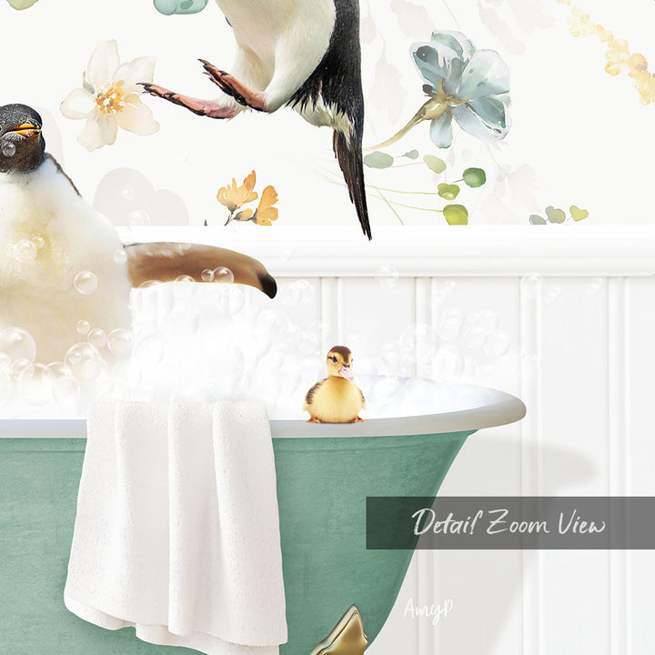 A baby duck sitting in a bathtub filled with bubbles, surrounded by a colorful floral wallpaper.