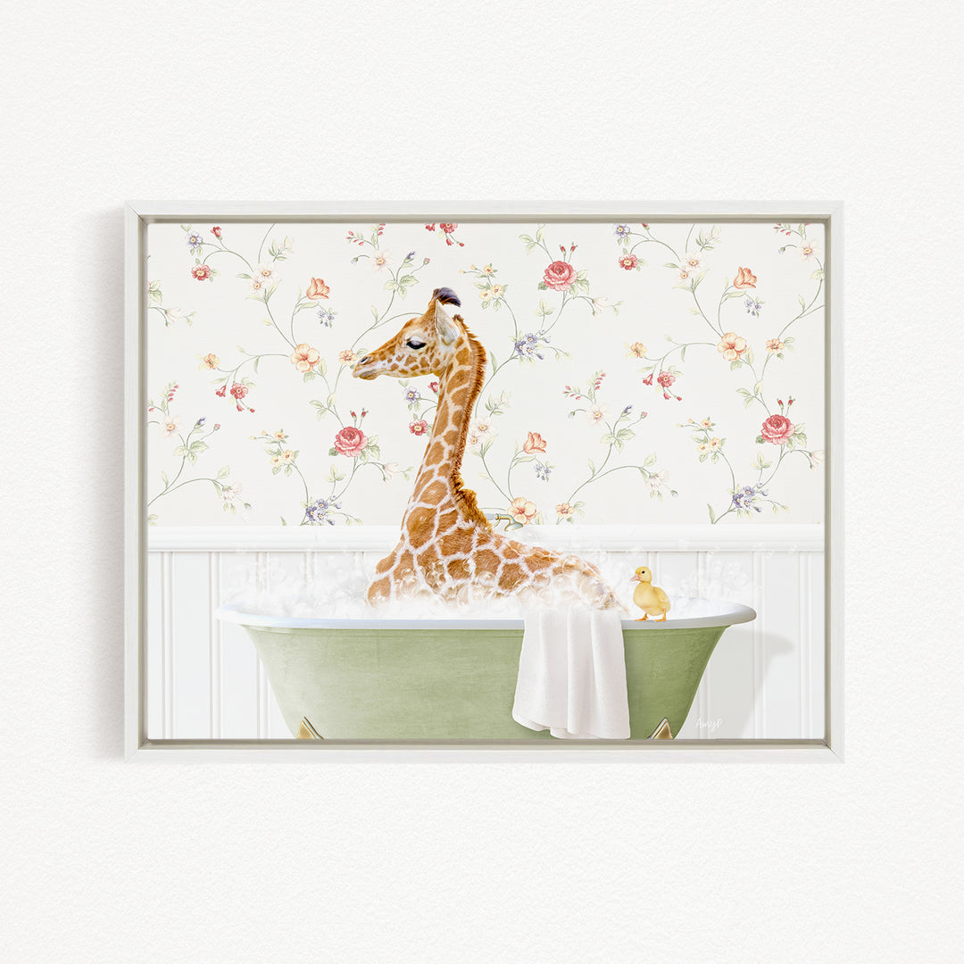 A giraffe sitting in a green bathtub, surrounded by a floral wallpaper and a yellow duck.
