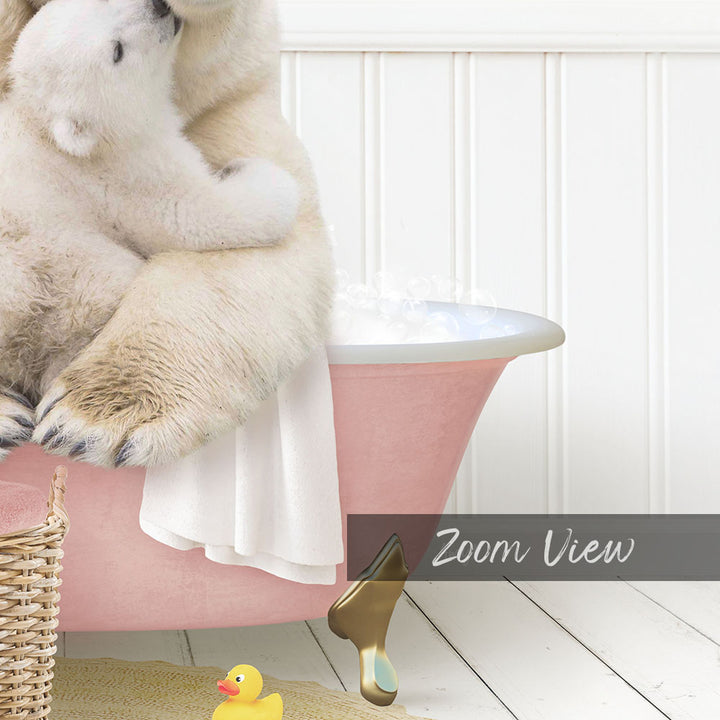A polar bear sitting in a pink bathtub, with a yellow rubber duck nearby, and a white wall in the background.