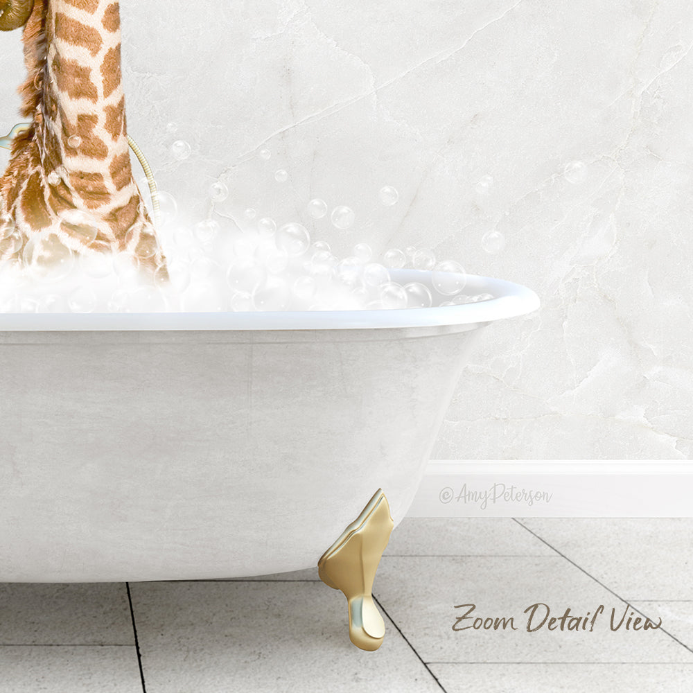 A giraffe standing in a bathtub filled with bubbles, with a white marble wall in the background.