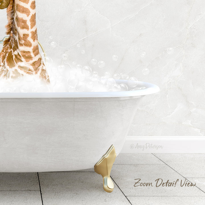 A giraffe standing in a bathtub filled with bubbles, with a white marble wall in the background.