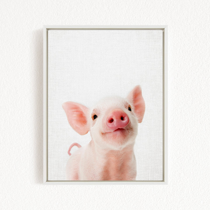 A cute, pink pig with large ears and a pink nose is the main subject of the image.