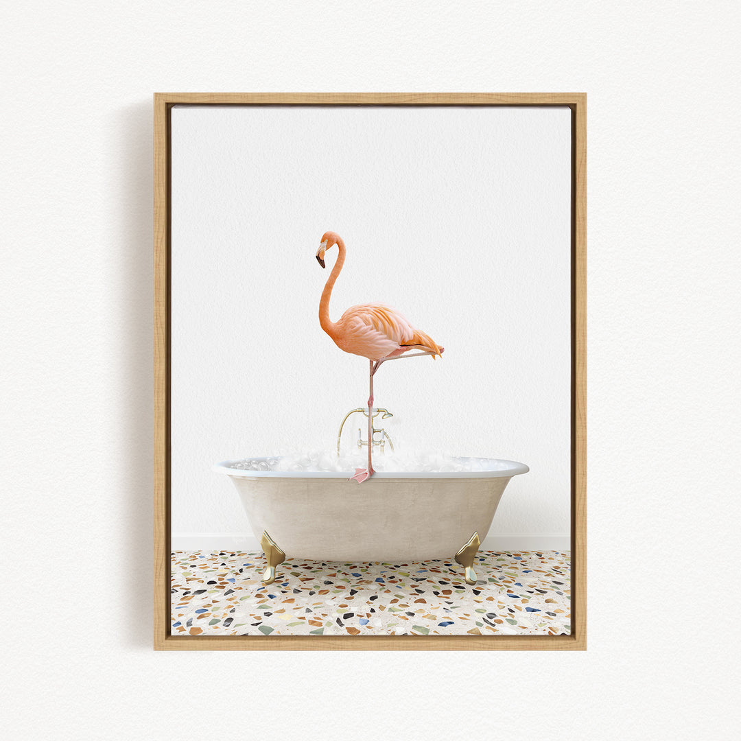 A pink flamingo standing on a white bathtub filled with water, set against a white background.
