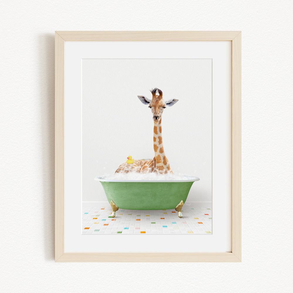 A giraffe is sitting in a green bathtub filled with bubbles, surrounded by a yellow rubber duck.