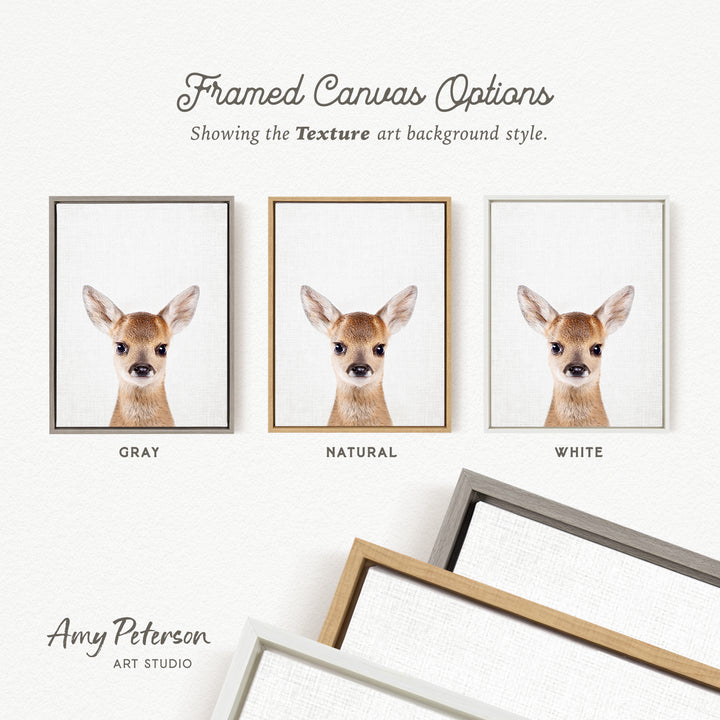 three framed canvas options, each featuring a close-up of a deer's face in different color backgrounds. The options are labeled as "GREY", "NATURAL", and "WHITE".