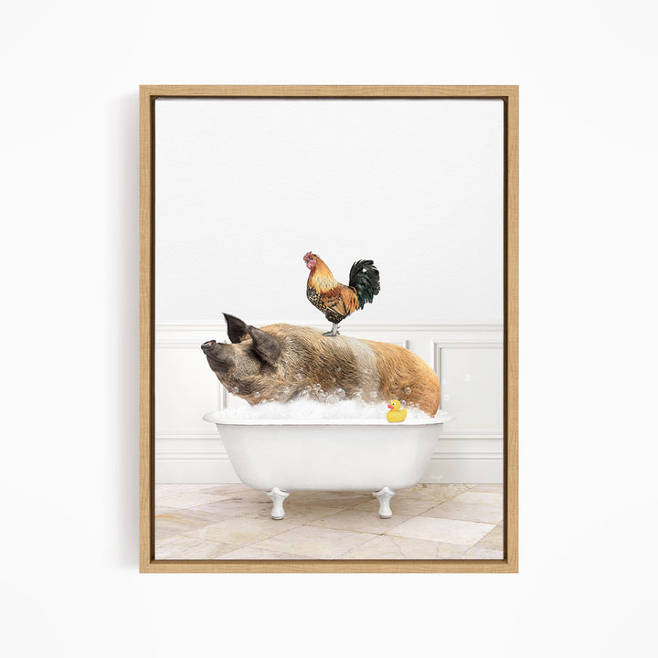 A rooster stands on a pig's back while the pig is sitting in a bathtub filled with water, with a yellow rubber duck floating nearby.