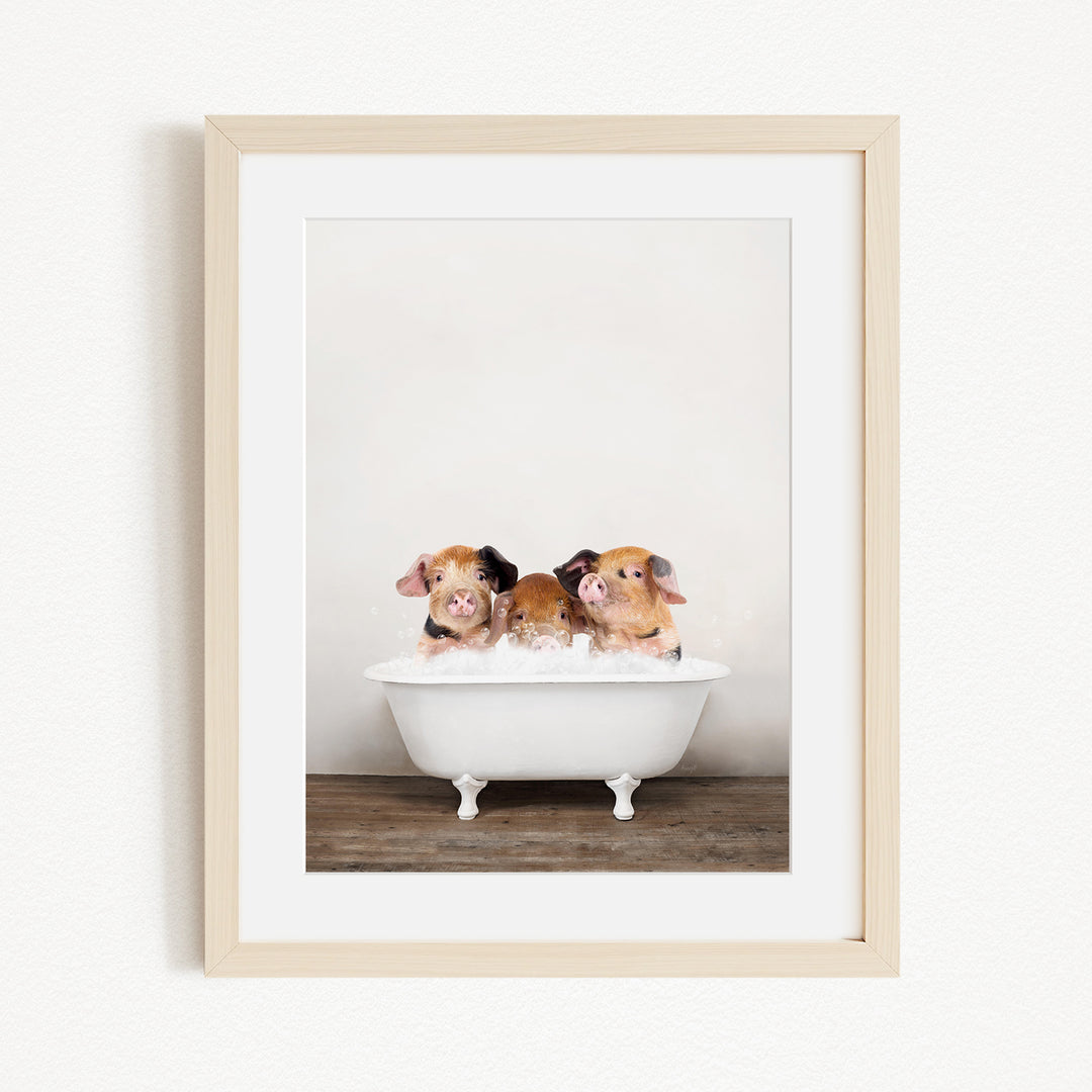 Three adorable brown and white pigs sitting in a white bathtub, enjoying a relaxing bath.