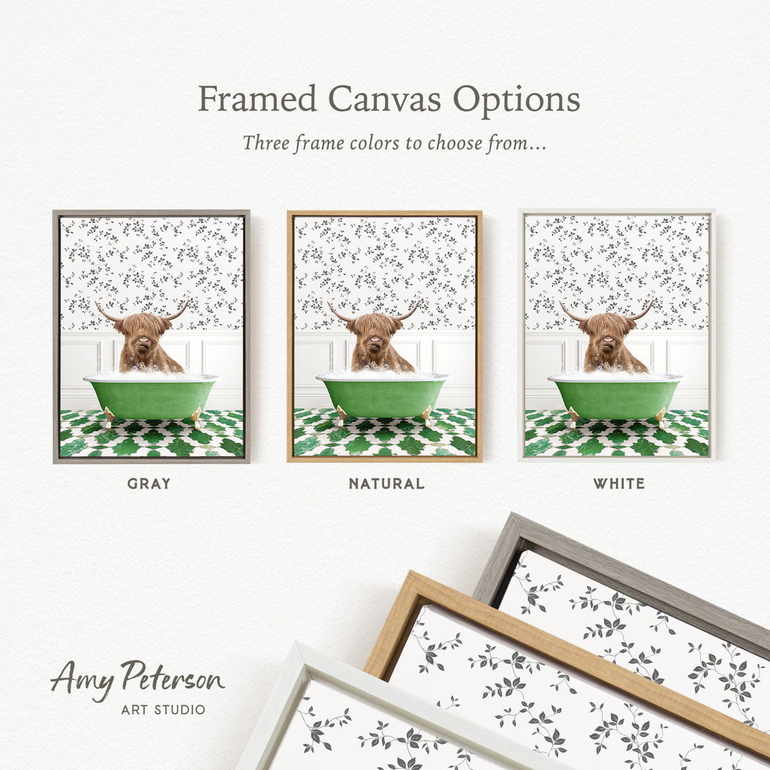 The image is a framed canvas option showcasing three different framed canvas options for a picture of a dog sitting in a bathtub.